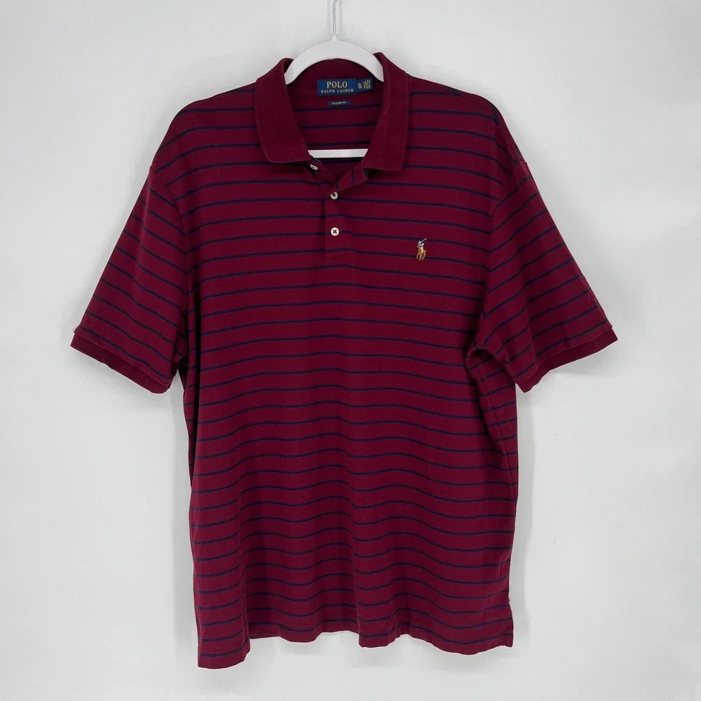 Polo Ralph Lauren Mens XL Classic Fit Burgundy Navy Striped‎ Golf Polo Pony Logo